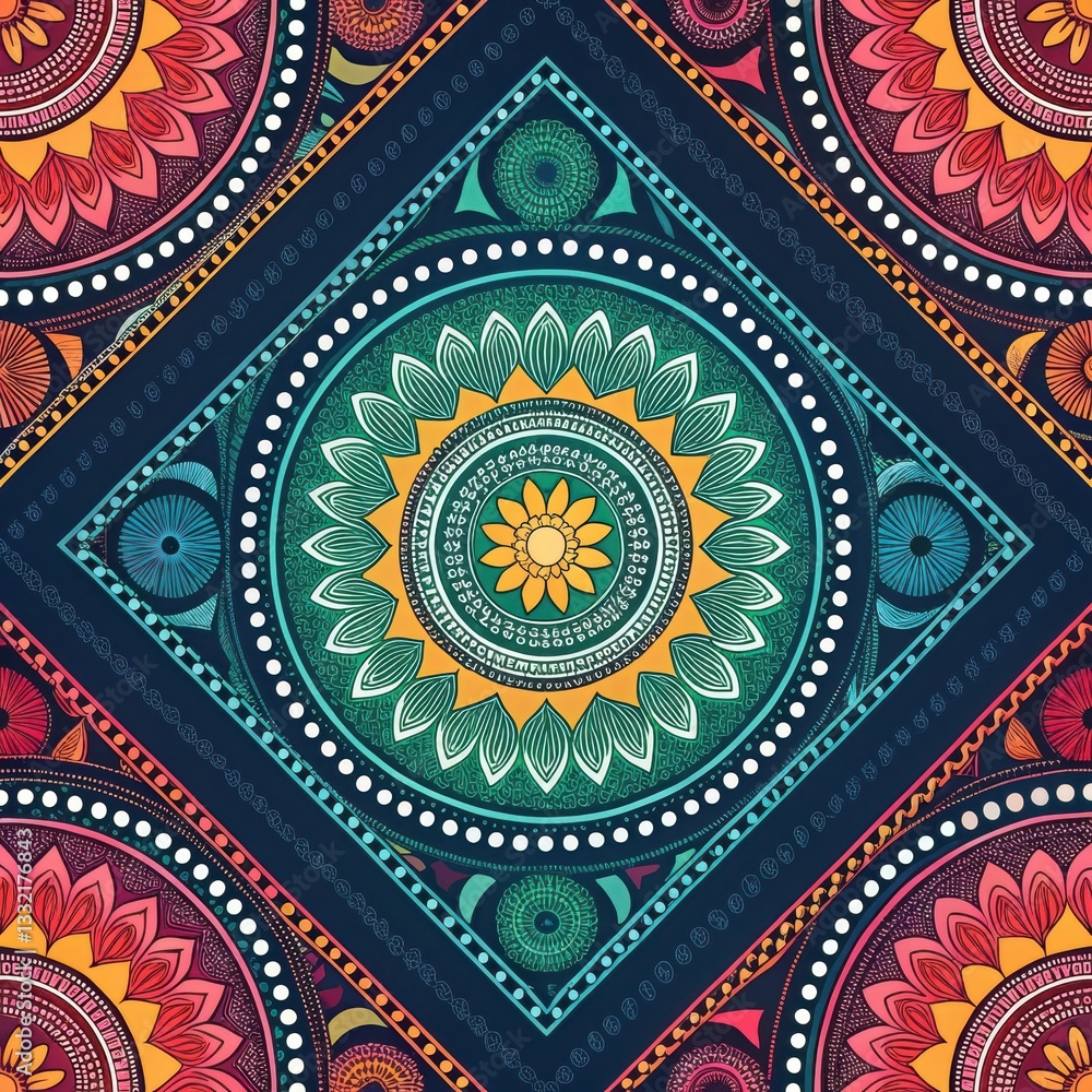 Fototapeta premium Colorful geometric mandala pattern with floral designs and circles