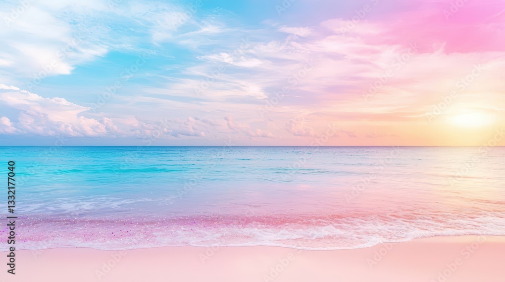 Fototapeta premium A tranquil beach at sunset, with the horizon painted in soft pastels of coral and lavender, reflecting shimmering sparkles over the calm water. Gentle waves lap the sandy shore, creating a stunning