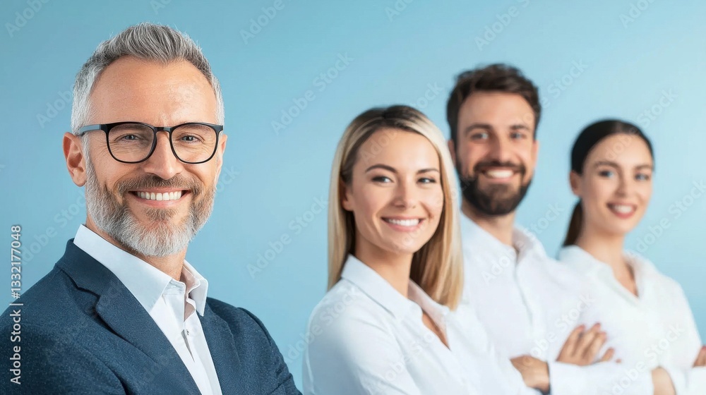 Professional Team Portrait Smiling Together Against Light Background Professional Team Portrait Smiling Together Against Light Background