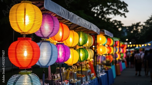 An enchanting night festival backdrop showcasing spectacular lanterns glowing in various colors against a darkened sky, with intricate decorations adorning the stalls and pathways. The composition photo