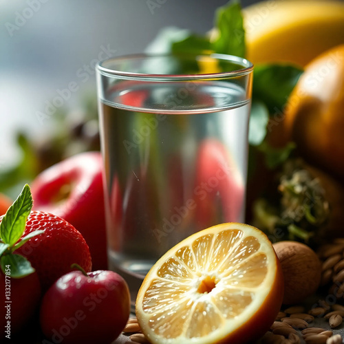 Healthy Hydration and Mineral-Rich Nutrition, Fresh Fruits Surrounding a Glass of Water, Wellness and Balance Concept