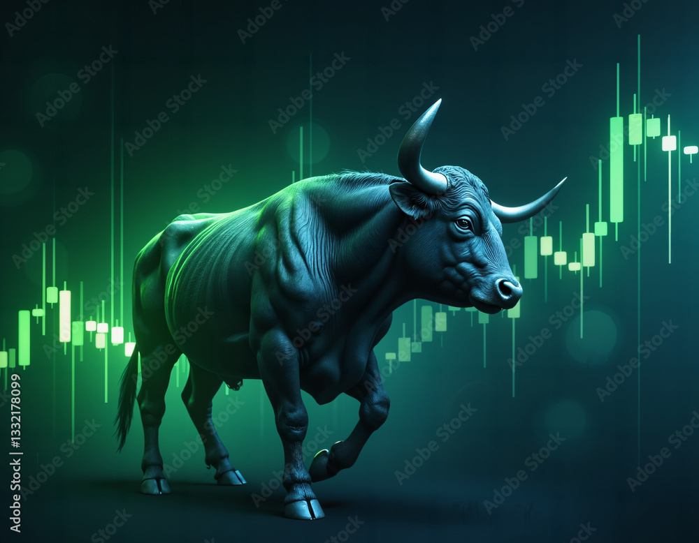 Obraz premium Bull Market Momentum: A powerful bull figurine embodies the bullish market sentiment, complemented by a stock chart background. Capturing the essence of growth and prosperity in the financial world.