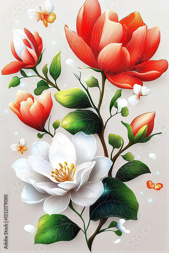 Fantasy floral watercolor featuring vintage botanical elements and enchanting fantasy flowers. Vibrant Floral Arrangement with Butterflies and Delicate Blooms