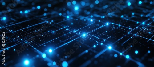 3D render, an abstract futuristic background with blue glowing neon lines and a dark, empty space for a design concept.