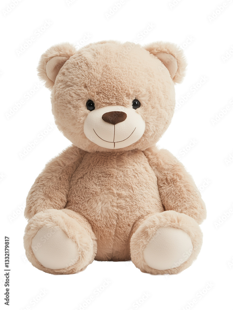 Fototapeta premium Soft light-brown plush teddy bear sitting upright on a white or transparent background 