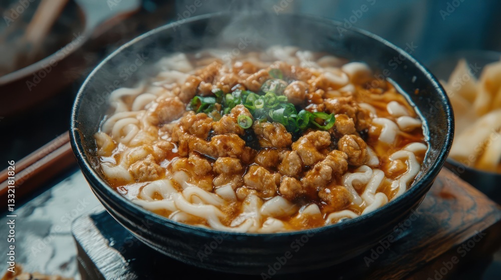 Bowl of noodles with meat and vegetables Bowl of noodles with meat and vegetables