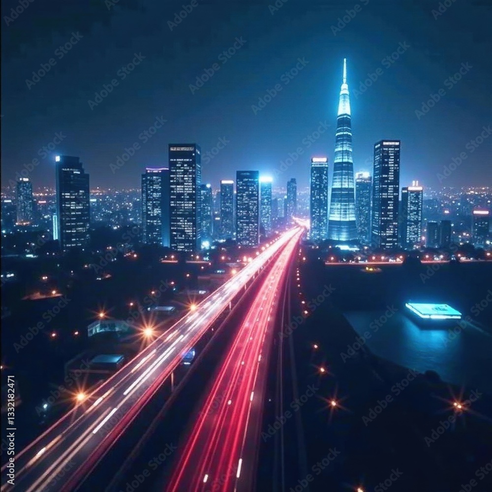 Obraz premium Futuristic cityscape with holographic projections representing data flow , metaverse, technology, design