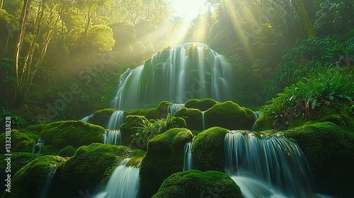 Misty Waterfall Cascading Through Mossy Rocks photo