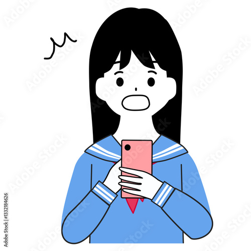 スマートフォンを見て驚く女子学生のイラスト