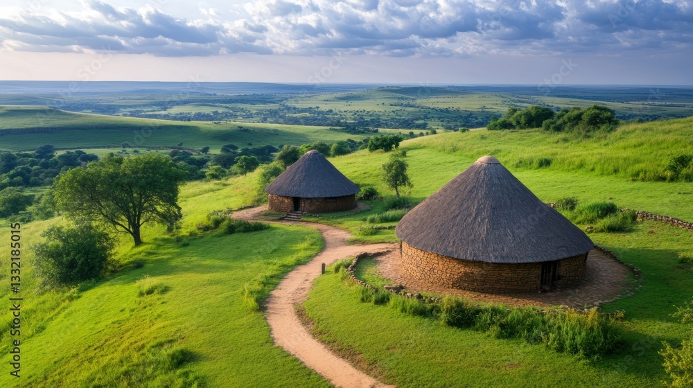 Aerial view of traditional thatched-roof huts surrounded by lush green hills under a dramatic sky, ideal for nature tourism, cultural heritage, or rural lifestyle projects,