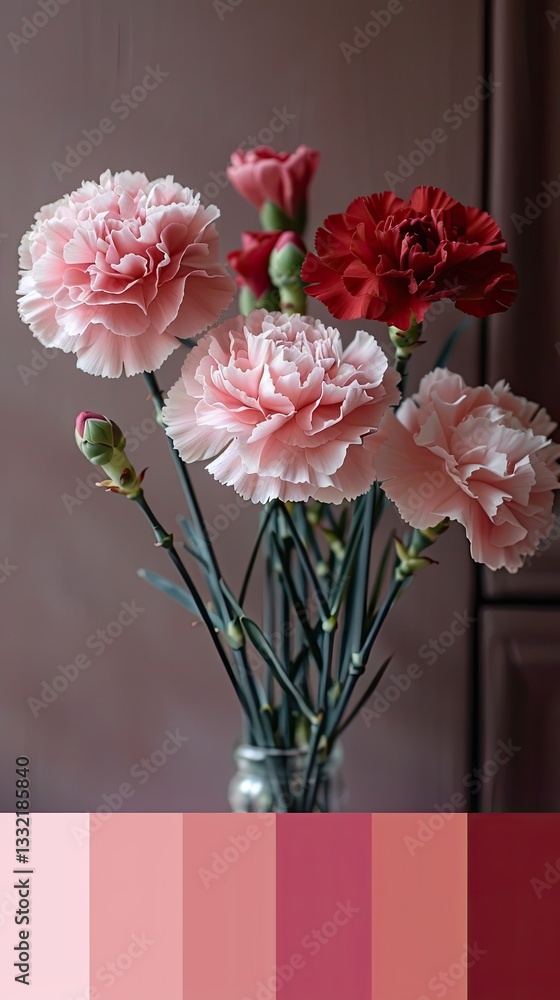 Obraz premium A stylish bouquet of pink carnations arranged in a matching pink ceramic vase, surrounded by soft draped fabric with a pastel-themed background.