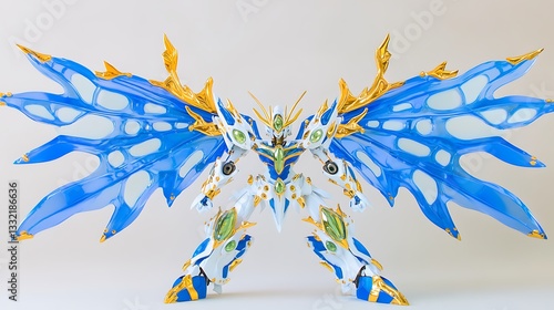 A robotic figure with wings and intricate gold accents is displayed
