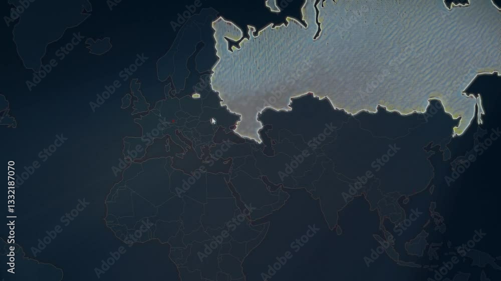 World map with different targets for cyber attack. Hacking and technology concept. Macro shooting at monitor pixels. Contour highlighting effect