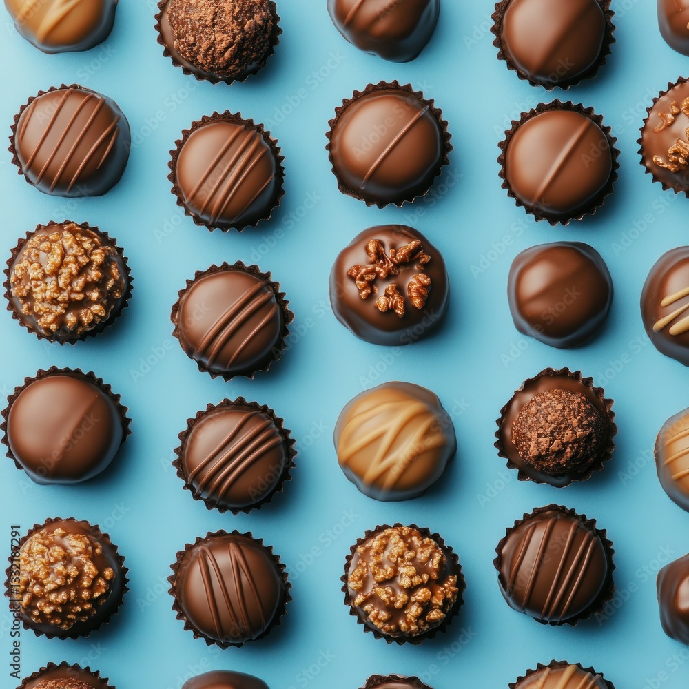Assorted chocolate truffles arranged in rows on a light blue background Assorted chocolate truffles arranged in rows on a light blue background