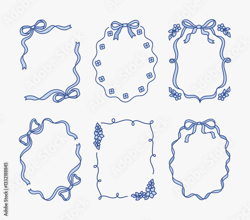 Coquette set of frames with blue bows, ribbons, flowers, leaves, lace. Holiday trendy borders. Vintage whimsical background for greeting cards, wedding, invitations, social media