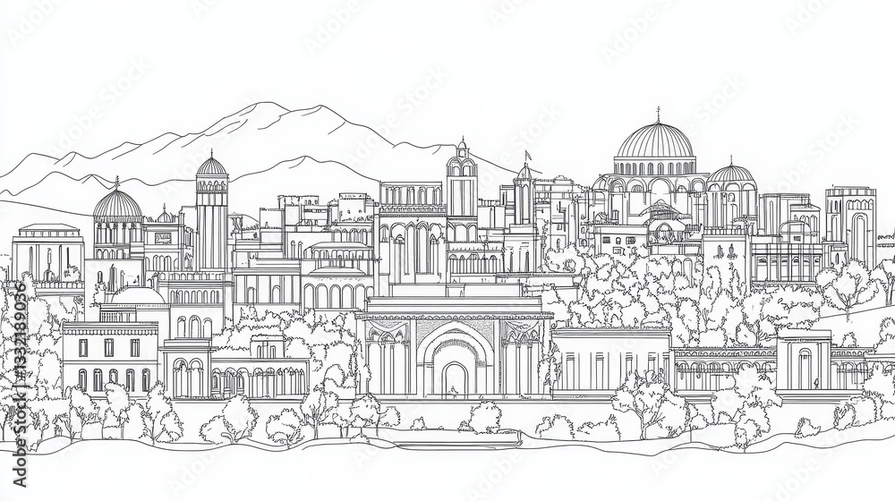 Obraz premium Armenian Cityscape Line Art: Ancient Architecture and Mountains - Ancient city, mountainous backdrop, architectural details, urban landscape, cultural heritage