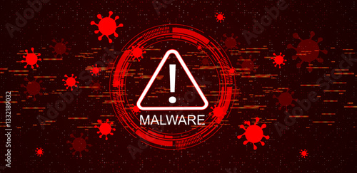 Hacking concept. Attention warning attacker alert sign malware red background. Vector illustration
