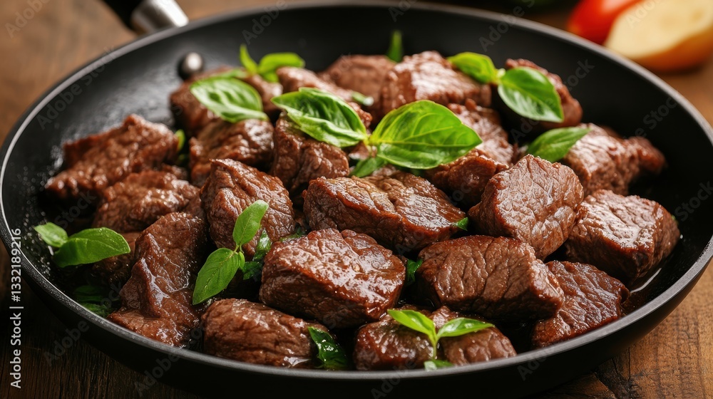 Cooked beef chunks garnished with fresh basil in a frying pan, showcasing a rich and mouth-watering dish perfect for culinary blogs, recipe books, or food-related marketing materials,