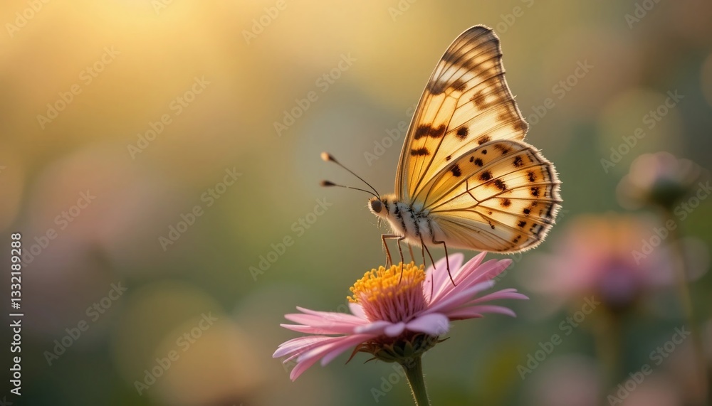 Golden Butterfly on Pink Flower in Soft Sunlight Nature Macro Photography Golden Butterfly on Pink Flower in Soft Sunlight Nature Macro Photography
