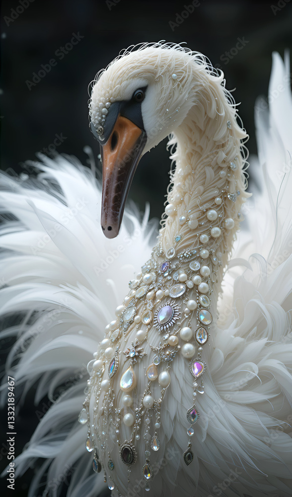 art portrait of beautiful white swan in diamond presious necklace against black. Digital art. Ai generated