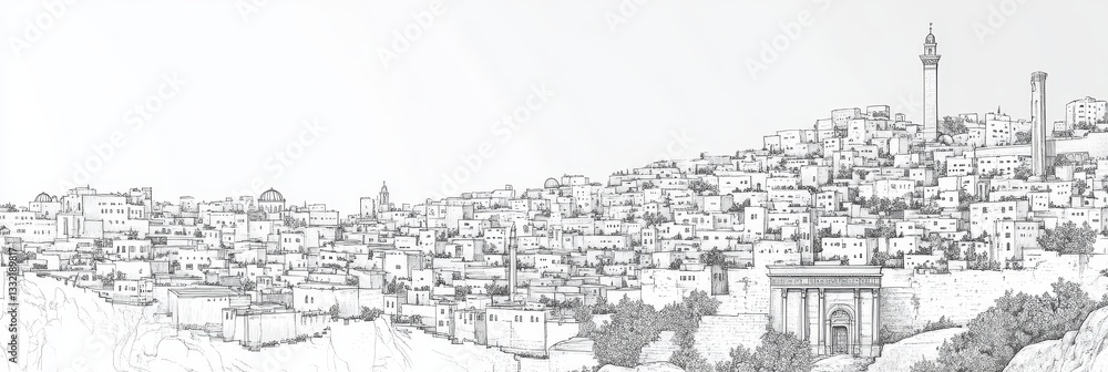 Obraz premium Amman Cityscape Line Art Panorama - A single-line drawing depicting Amman's cityscape, symbolizing history, architecture, culture, community, and urban life. A captivating monochromatic illustration