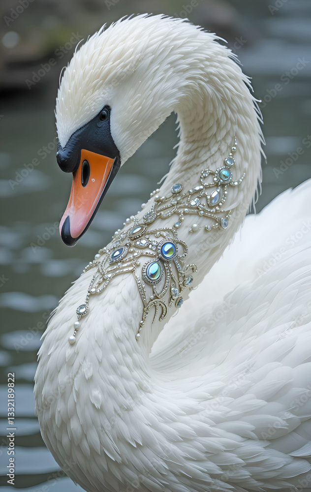 portrait of beautiful white swan in diamond presious necklace posing against lake. Digital art. Ai generated