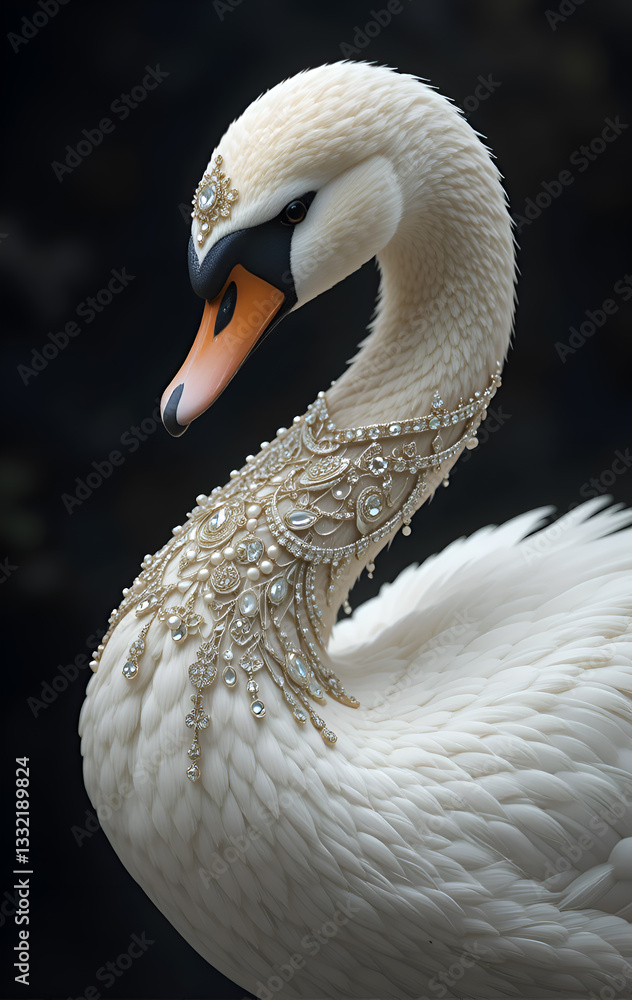 portrait of beautiful white swan in diamond presious necklace against black. Digital art. Ai generated
