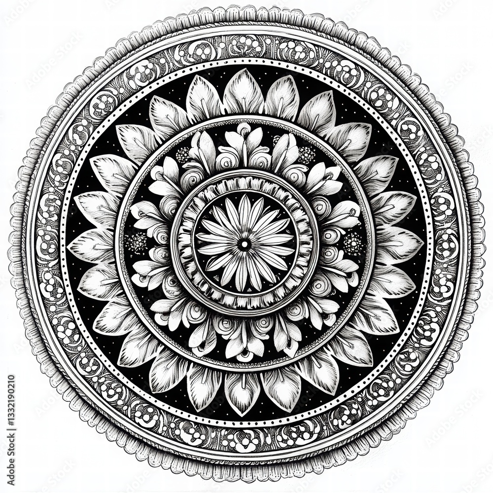 Obraz premium Intricate Black and White Floral Mandala Design with Circular Patterns