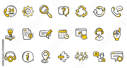 Set of Support icons color doodle on white background