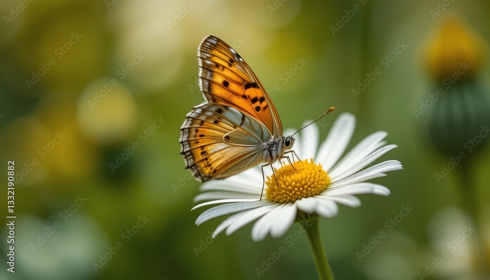 Beautiful Orange Butterfly on White Daisy Flower in Summer Garden Beautiful Orange Butterfly on White Daisy Flower in Summer Garden