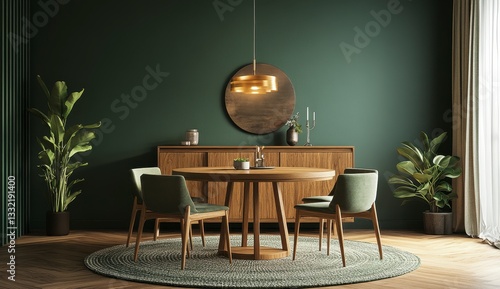 Modern Dark Green Dining Room with Wooden Furniture and Gold Accents