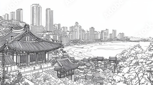 Coastal Cityscape Line Art - Elegant line art depicting a coastal city, blending modern architecture with traditional buildings. Symbolises harmony, contrast, urban life, coastal serenity photo