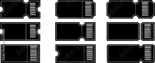 Black tickets with white frames and barcodes. Suitable for premium events, VIP passes and exclusive events