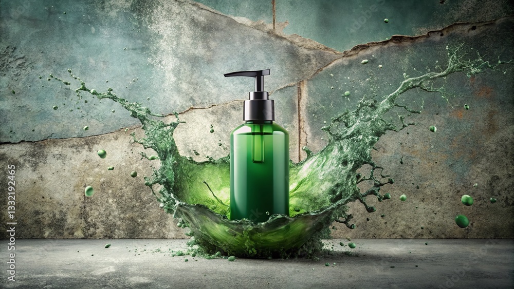 Obraz premium Surreal Lotion Bottle Splash: Urban Concrete & Earthy Greens
