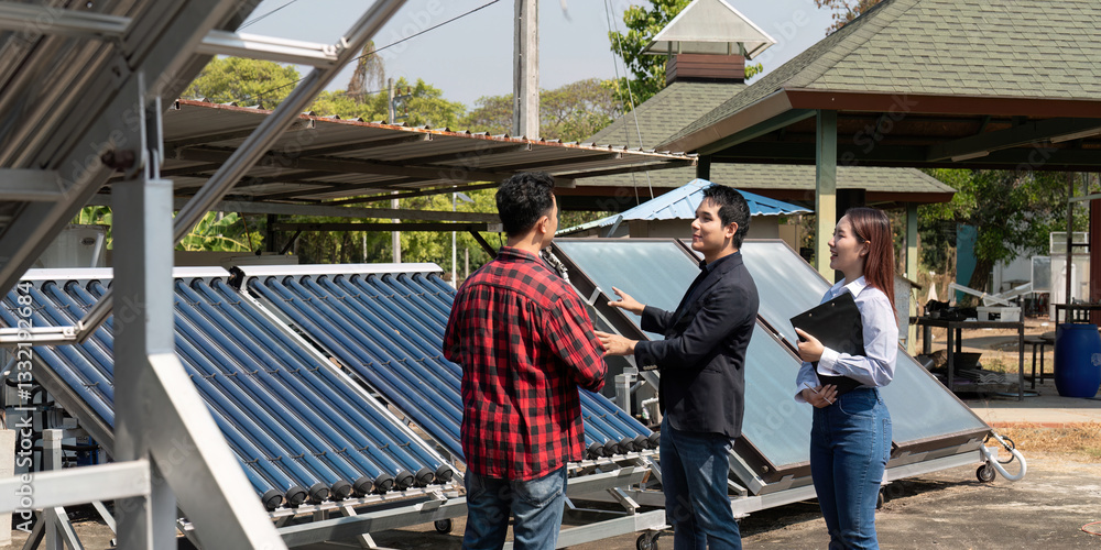 Fototapeta premium Sustainable Approach and Collaboration. Team discussing renewable energy solutions in an eco-friendly facility.