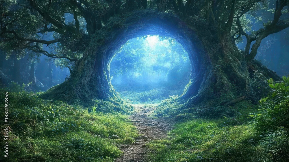 Naklejka premium Magical forest path through ancient tree, moonlit night, fantasy landscape, game background