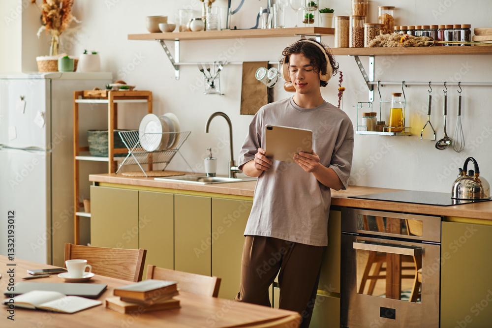 Young handsome man enjoys work while using tablet in modern office kitchen space Young handsome man enjoys work while using tablet in modern office kitchen space