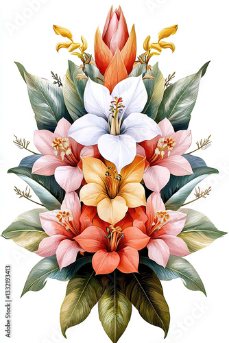 Fantasy floral watercolor featuring vintage botanical elements and enchanting fantasy flowers. Colorful Floral Arrangement with Vibrant Blooms and Leaves