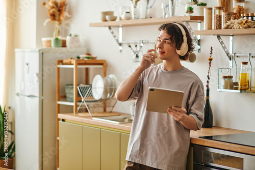 Young handsome man working thoughtfully in a modern office setting during a busy day