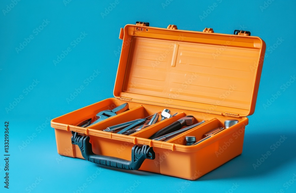 Open Orange Plastic Toolbox with Metal Hand Tools on Blue Background Open Orange Plastic Toolbox with Metal Hand Tools on Blue Background