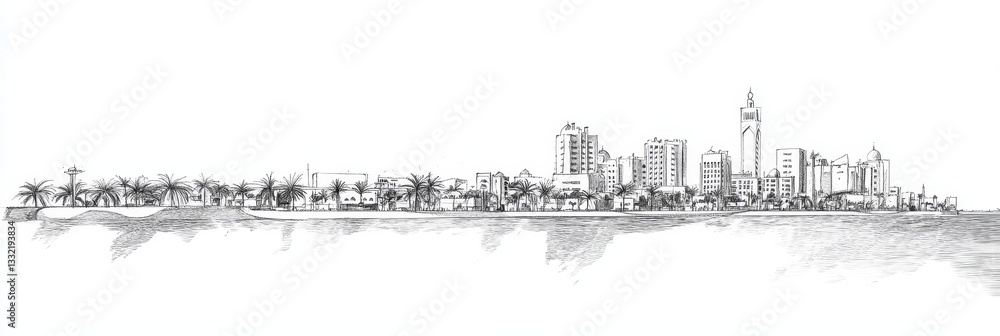 Obraz premium Dammam Skyline Pencil Sketch - A coastal city's tranquil beauty, architectural marvel, urban development, palm trees, and serene waters. Symbolizing progress, serenity, growth