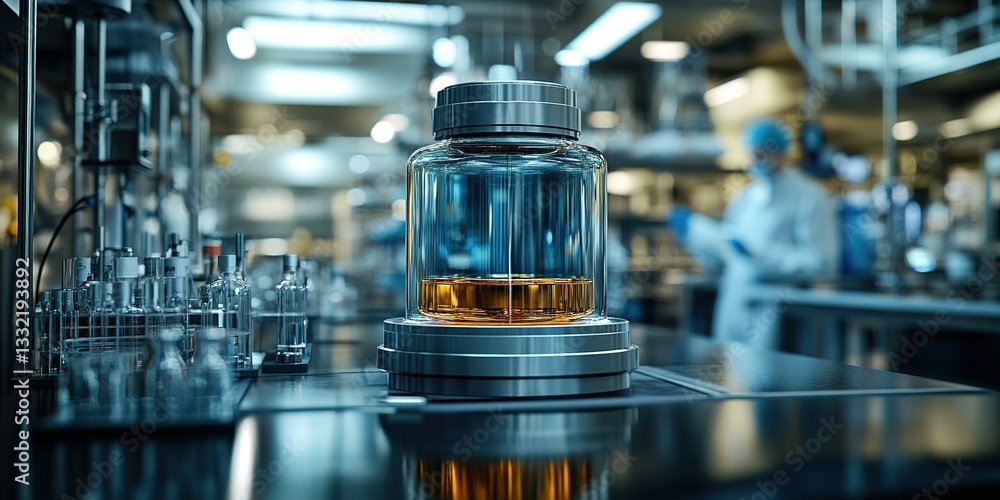 Innovative laboratory setup showcasing glass container with liquid in modern industrial setting Innovative laboratory setup showcasing glass container with liquid in modern industrial setting