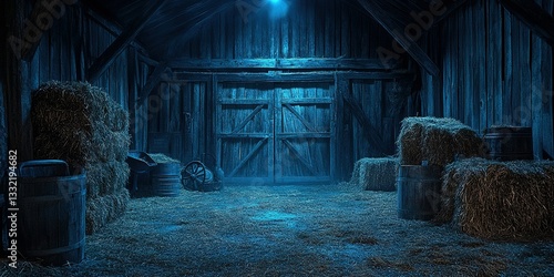 Barn interior with straw and wooden barrels illuminated by blue light in the evening