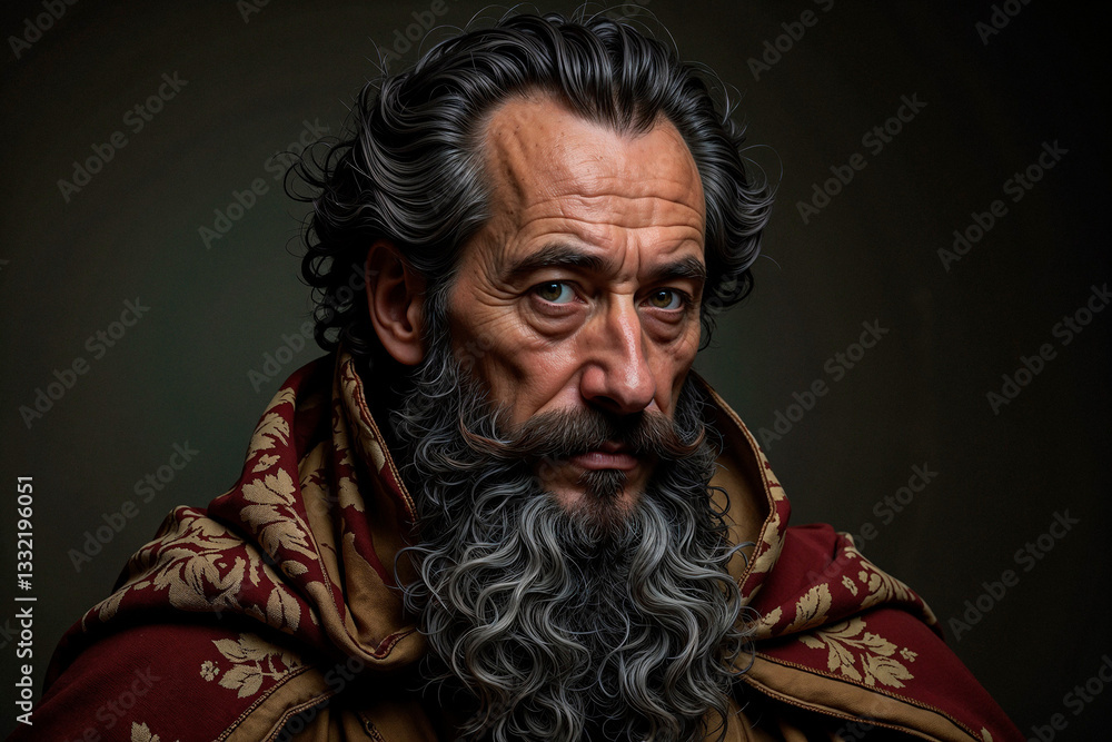 Mature wise man with a serious expression wearing a rich cloak in a dark background Mature wise man with a serious expression wearing a rich cloak in a dark background