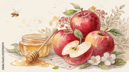 Watercolor apples and honey background in soft red and gold hues, symbolizing sweetness and new beginnings, elegant and festive atmosphere with copy space  