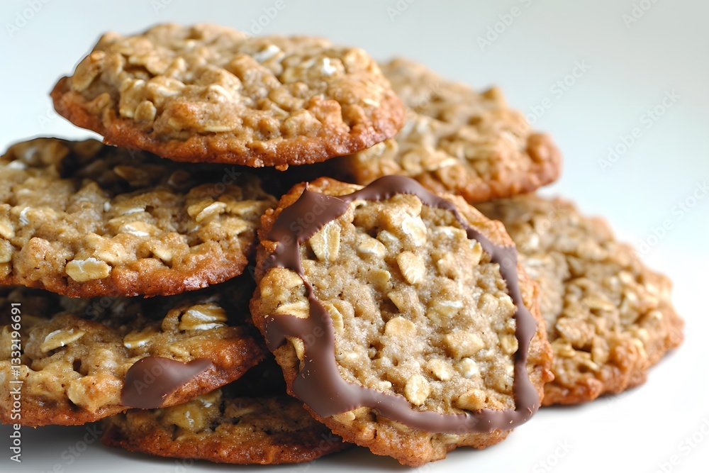 Delicious Oatmeal Cookies with Chocolate Drizzle, Stack of Homemade Sweet Treats Delicious Oatmeal Cookies with Chocolate Drizzle, Stack of Homemade Sweet Treats