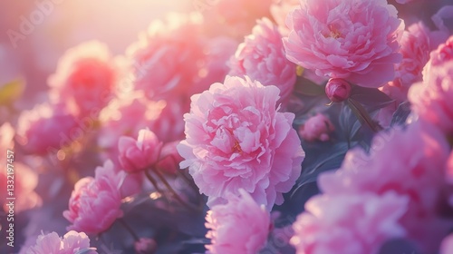Closeup of light pink peonies blooming in a garden during golden hour, capturing the essence of spring's beauty and tranquility
