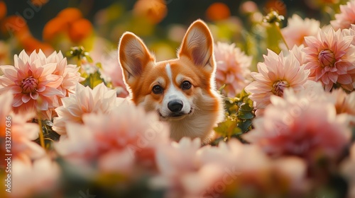 Corgi peeks through colorful flowers in a vibrant garden during a sunny afternoon