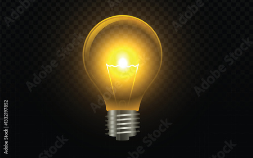 Glowing light bulb vector art, a globally recognized symbol of ideas. Clean vector lines create a realistic, illuminated bulb. Ideal for conveying inspiration in digital designs. 