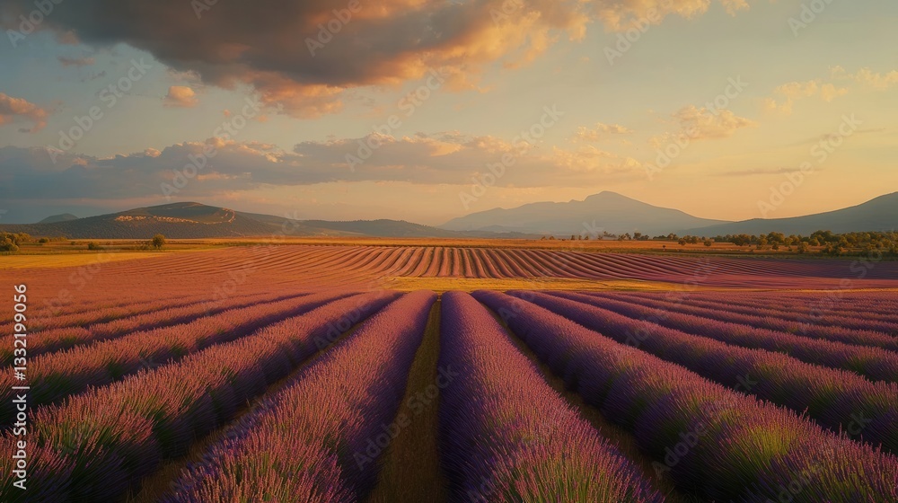 Fototapeta premium Serene Sunset over Lavender Fields and Rolling Hills